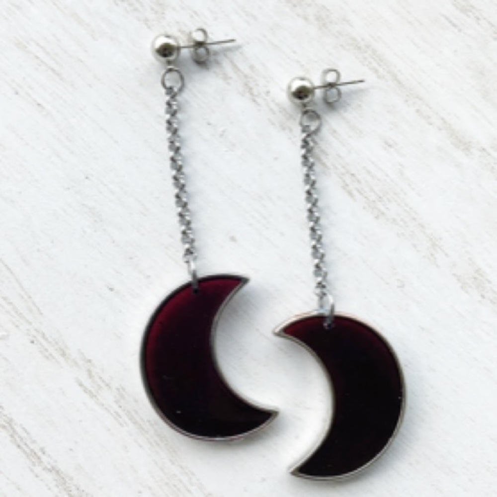Dark Red resin & glitter crecent moon earrings
